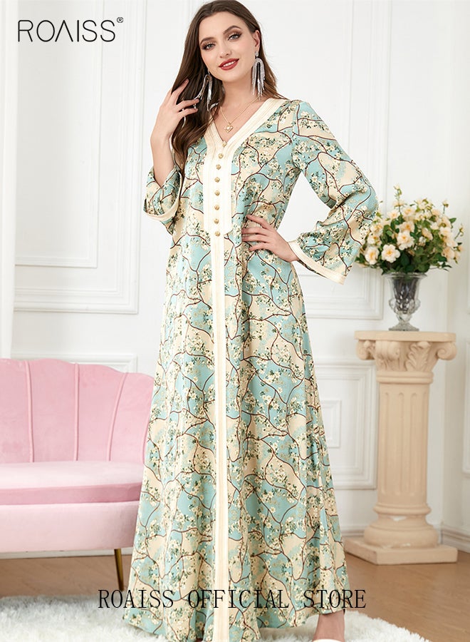 Ramadan Women Muslim Dress V-Collor Embroidery Evening Party Gown Bell Sleeve Long Dresses Party Robe Women Embroidery Islamic Dresses