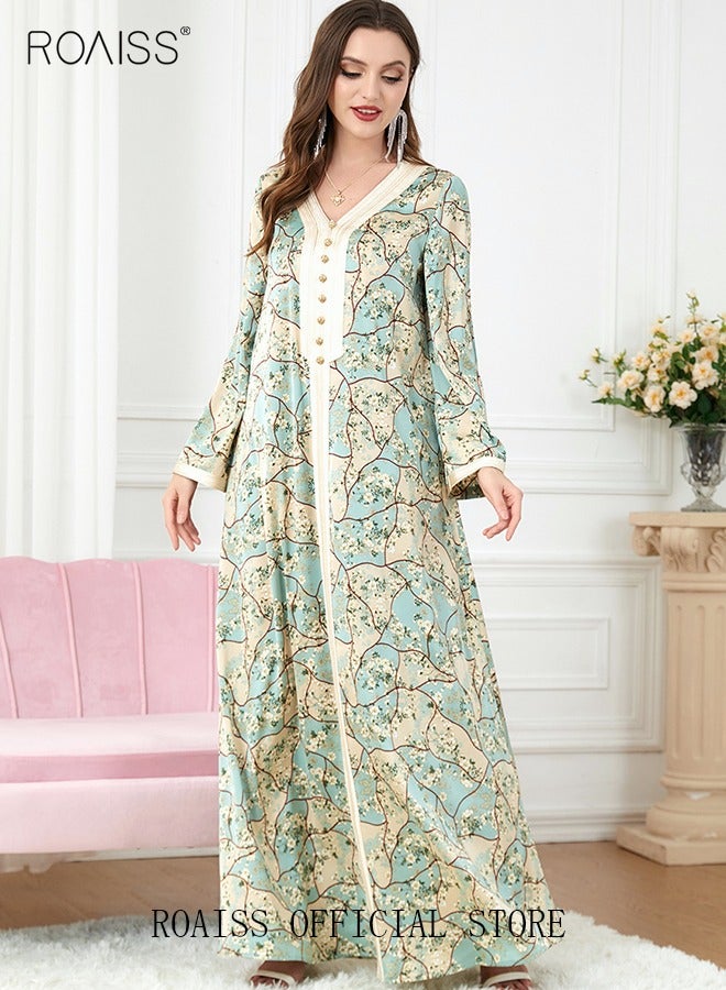 Ramadan Women Muslim Dress V-Collor Embroidery Evening Party Gown Bell Sleeve Long Dresses Party Robe Women Embroidery Islamic Dresses