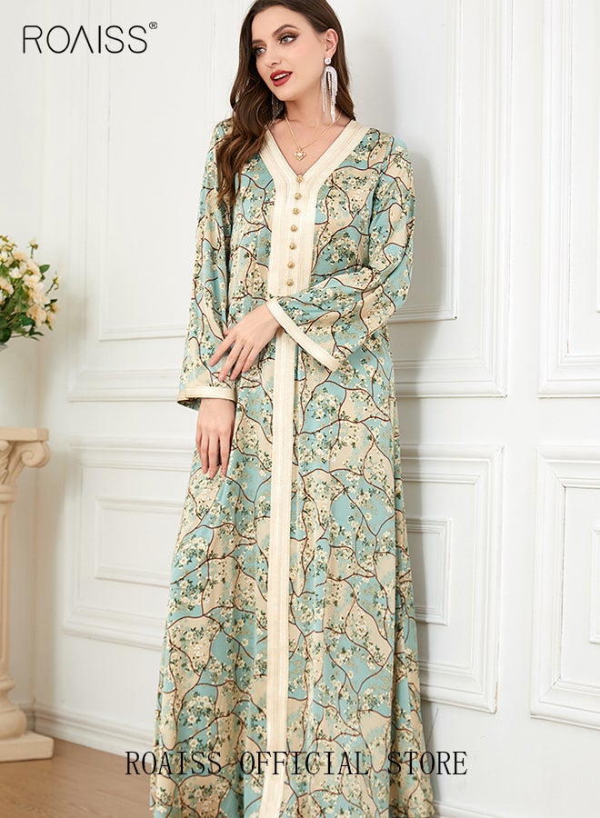 Ramadan Women Muslim Dress V-Collor Embroidery Evening Party Gown Bell Sleeve Long Dresses Party Robe Women Embroidery Islamic Dresses
