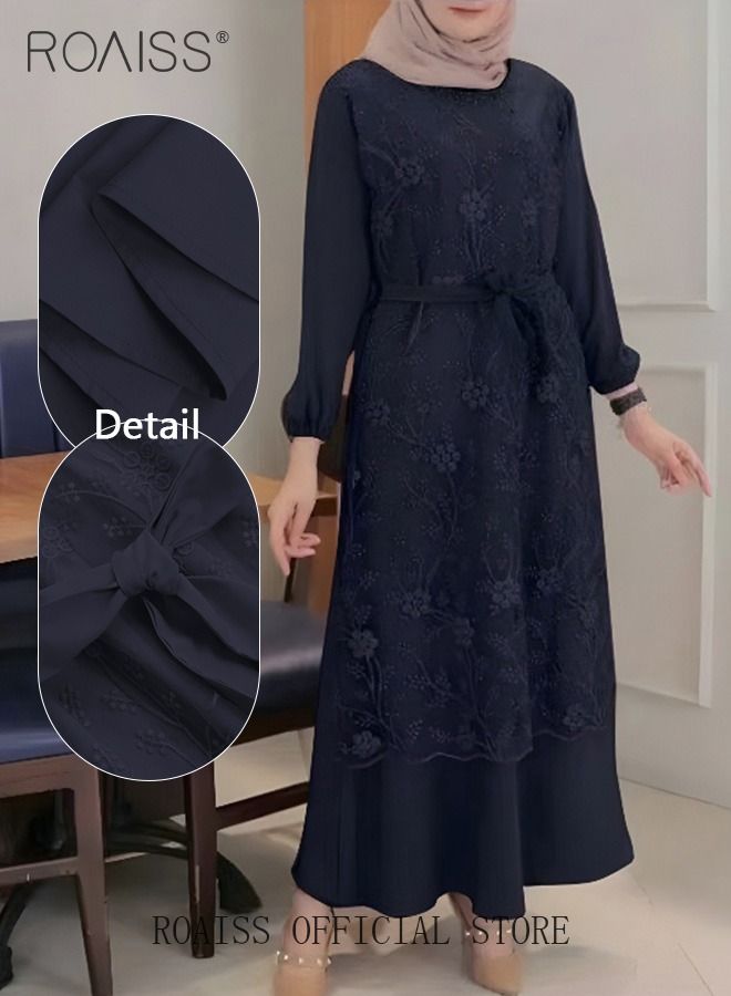 Women's Round Neck Gown Lace Decoration Long Sleeve Waisted Loose Long Dress