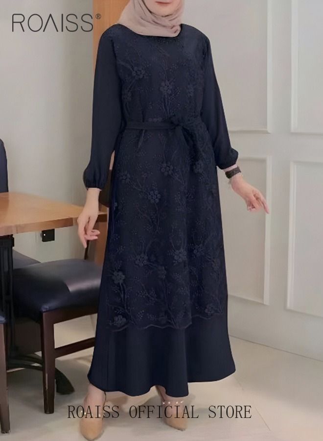 Women's Round Neck Gown Lace Decoration Long Sleeve Waisted Loose Long Dress