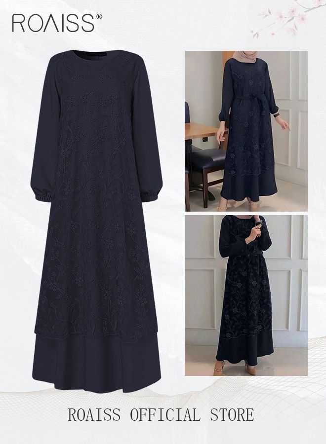 Women's Round Neck Gown Lace Decoration Long Sleeve Waisted Loose Long Dress