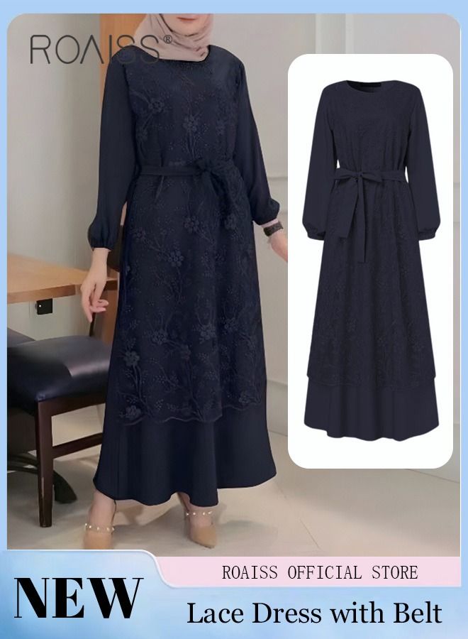 Women's Round Neck Gown Lace Decoration Long Sleeve Waisted Loose Long Dress