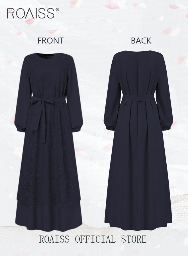 Women's Round Neck Gown Lace Decoration Long Sleeve Waisted Loose Long Dress