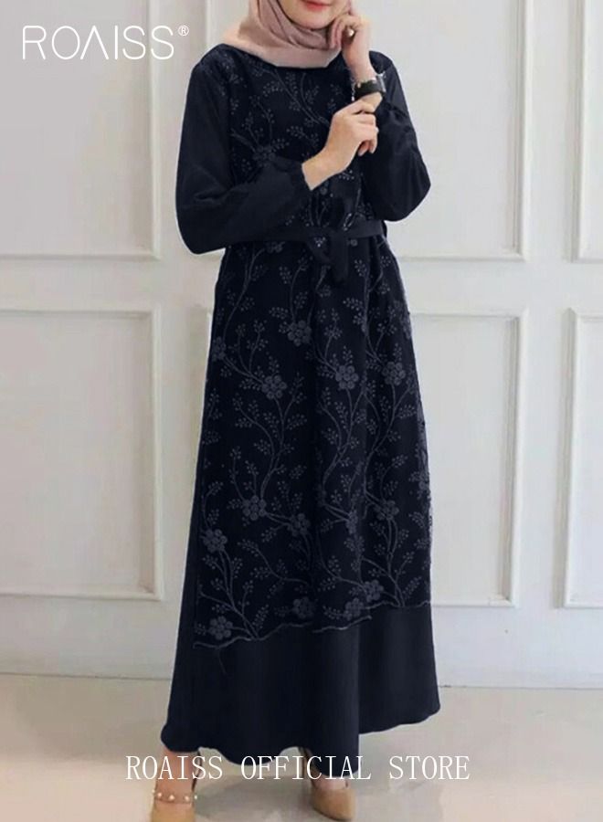 Women's Round Neck Gown Lace Decoration Long Sleeve Waisted Loose Long Dress