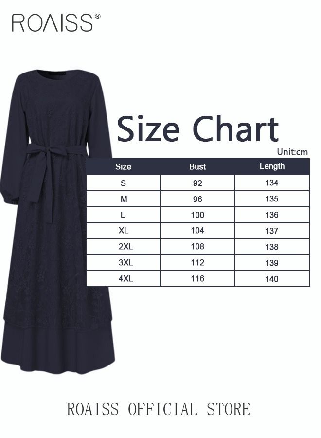 Women's Round Neck Gown Lace Decoration Long Sleeve Waisted Loose Long Dress