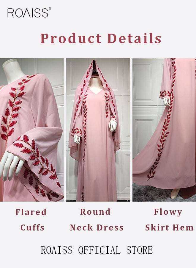 Women Muslim Dresses Middle East Fashion Street Summer Chiffon Muslim Embroidery Pink Round Neck Dress with Hijab Eid Ramadan Islamic Prayer Dress Robe