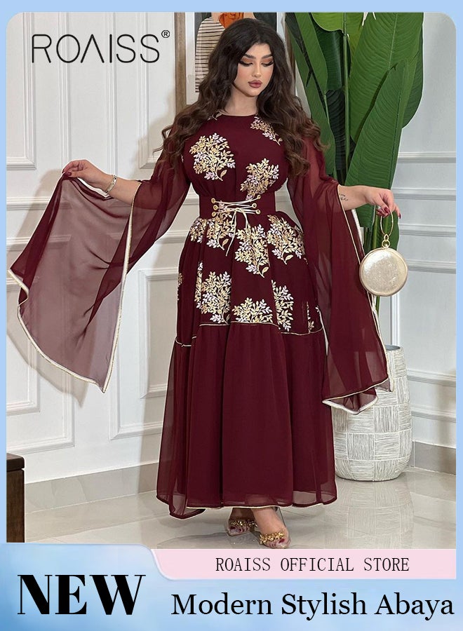 Ramadan Women Muslim Dress Belted Embroidery Evening Party Gown Bell Sleeve Long Dresses Party Robe Women Floral Embroidery Islamic Dresses