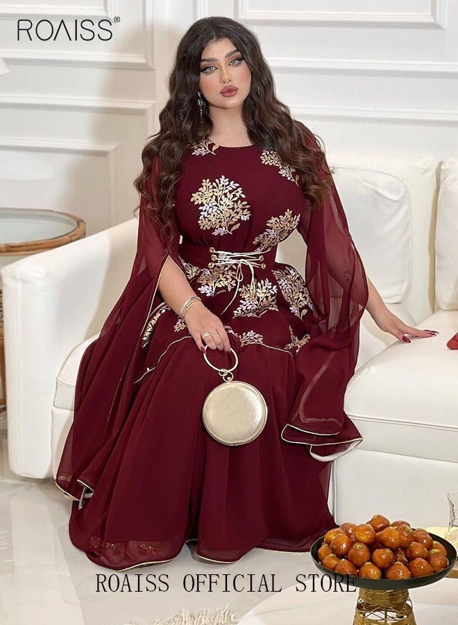 Ramadan Women Muslim Dress Belted Embroidery Evening Party Gown Bell Sleeve Long Dresses Party Robe Women Floral Embroidery Islamic Dresses