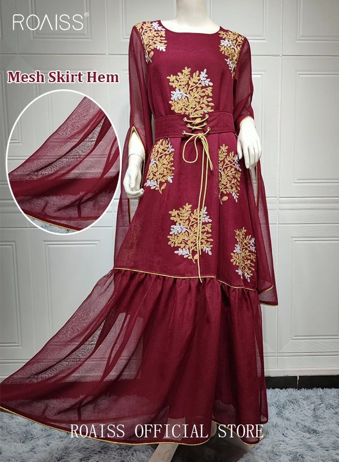 Ramadan Women Muslim Dress Belted Embroidery Evening Party Gown Bell Sleeve Long Dresses Party Robe Women Floral Embroidery Islamic Dresses