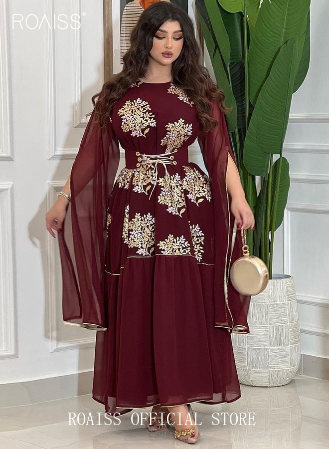 Ramadan Women Muslim Dress Belted Embroidery Evening Party Gown Bell Sleeve Long Dresses Party Robe Women Floral Embroidery Islamic Dresses