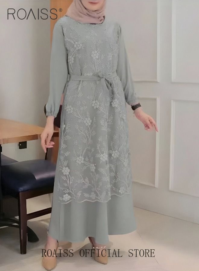 Women's Round Neck Gown Lace Decoration Long Sleeve Waisted Loose Long Dress