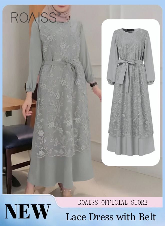 Women's Round Neck Gown Lace Decoration Long Sleeve Waisted Loose Long Dress