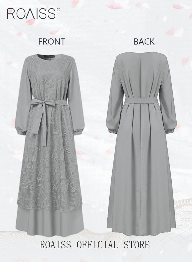 Women's Round Neck Gown Lace Decoration Long Sleeve Waisted Loose Long Dress