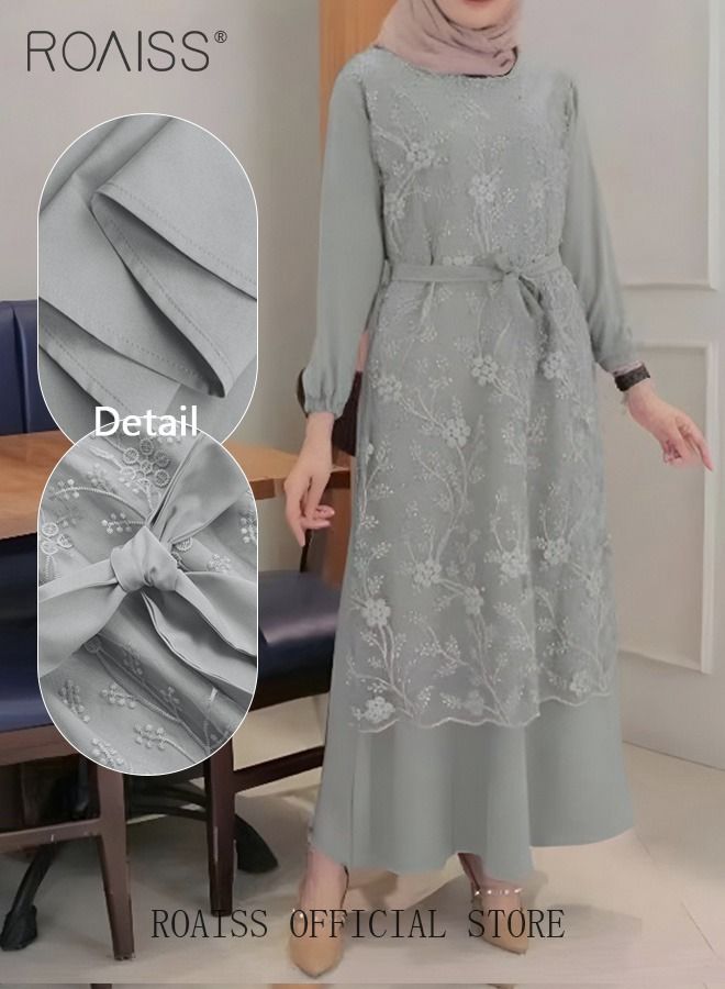 Women's Round Neck Gown Lace Decoration Long Sleeve Waisted Loose Long Dress