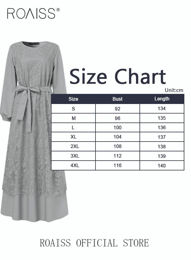 Women's Round Neck Gown Lace Decoration Long Sleeve Waisted Loose Long Dress