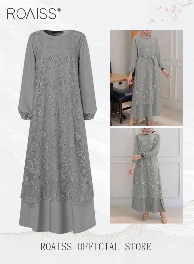 Women's Round Neck Gown Lace Decoration Long Sleeve Waisted Loose Long Dress