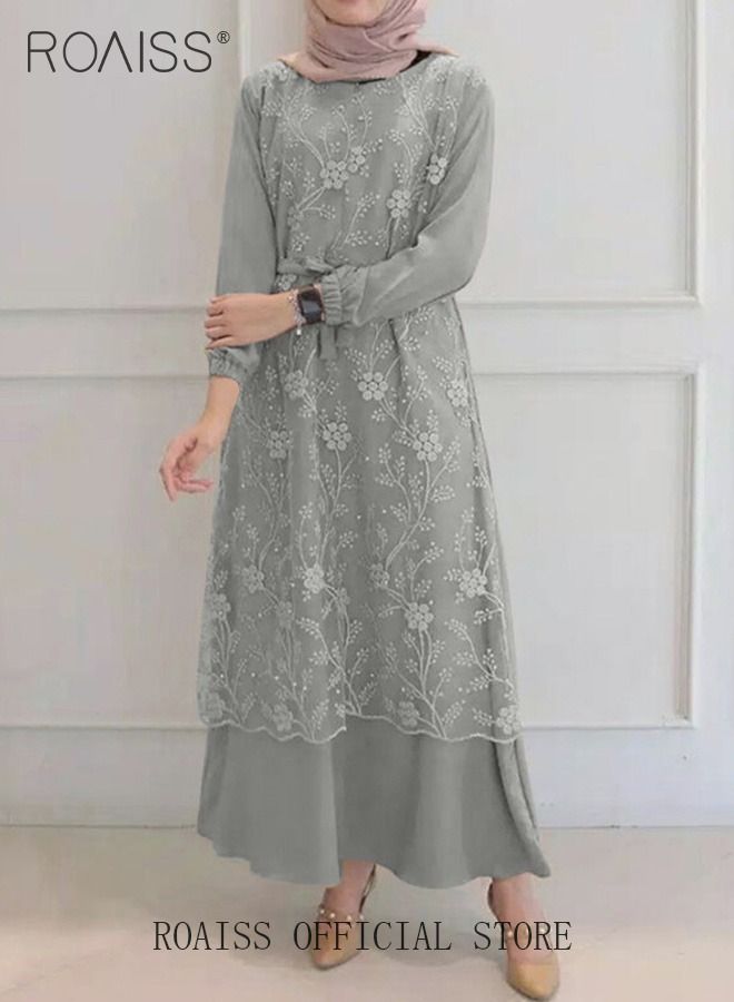 Women's Round Neck Gown Lace Decoration Long Sleeve Waisted Loose Long Dress