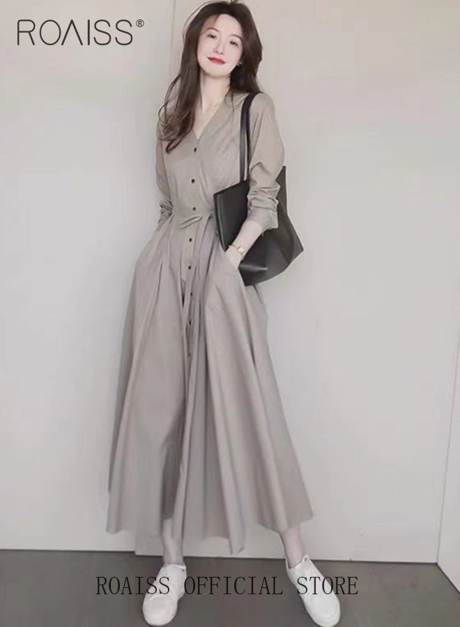 Women's Shirt Dress with Buttons Simple Solid Half Sleeve Midi Dress Women's Dresses Irregular Hem Solid Color Summer Dress Solid Color Long Skirt Temperament Retro Gentle Casual Skirt