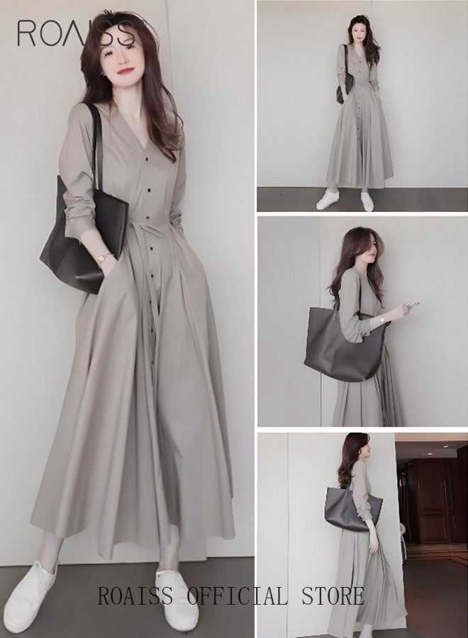 Women's Shirt Dress with Buttons Simple Solid Half Sleeve Midi Dress Women's Dresses Irregular Hem Solid Color Summer Dress Solid Color Long Skirt Temperament Retro Gentle Casual Skirt