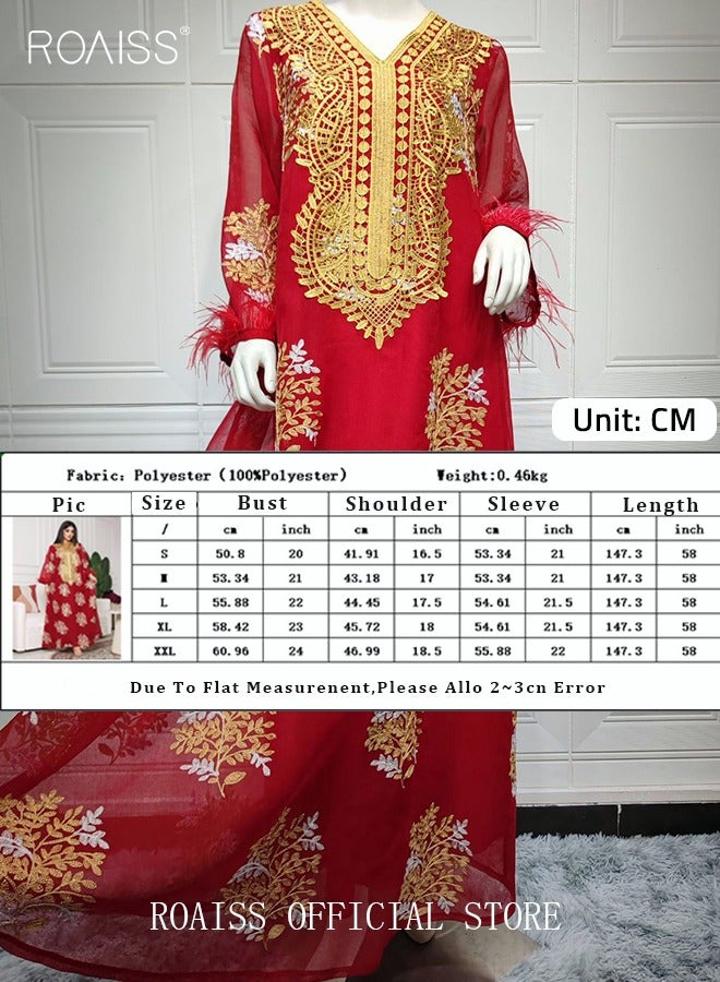 Ramadan Women Muslim Dress Sequin Red Mesh Embroidery Evening Party Gown Bell Sleeve Long Dresses Party Robe Women Embroidery Islamic Dresses