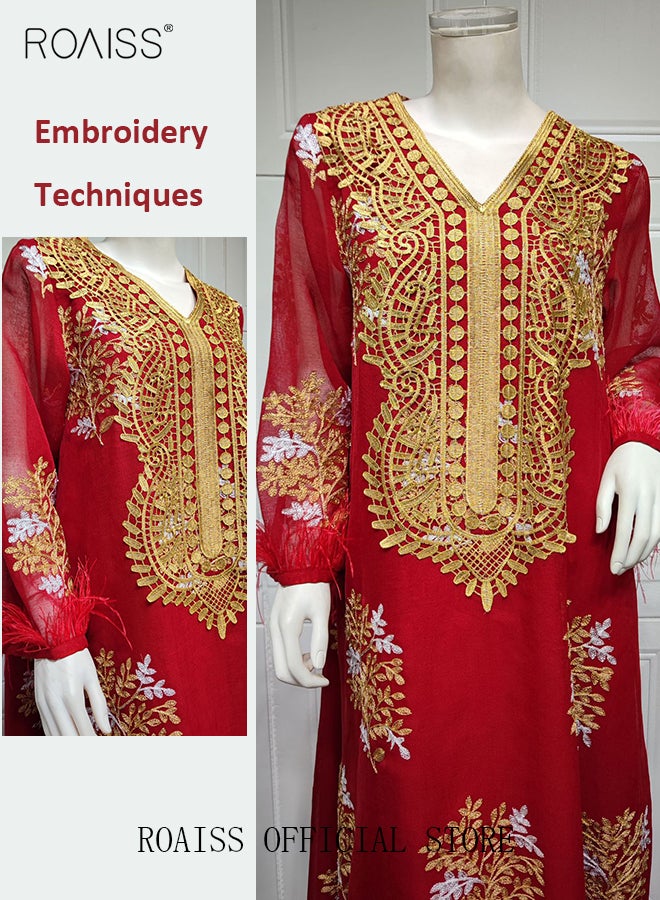 Ramadan Women Muslim Dress Sequin Red Mesh Embroidery Evening Party Gown Bell Sleeve Long Dresses Party Robe Women Embroidery Islamic Dresses