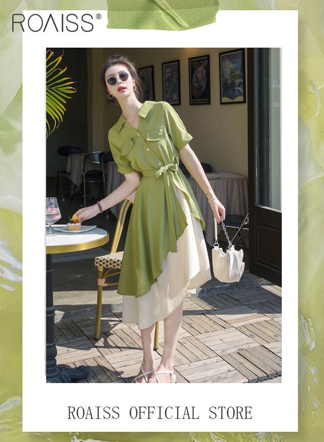 Women's Shirt Dress with Buttons, Simple Solid Half Sleeve Midi Dress, Women's Dresses Irregular Hem Solid Color Summer Dress.