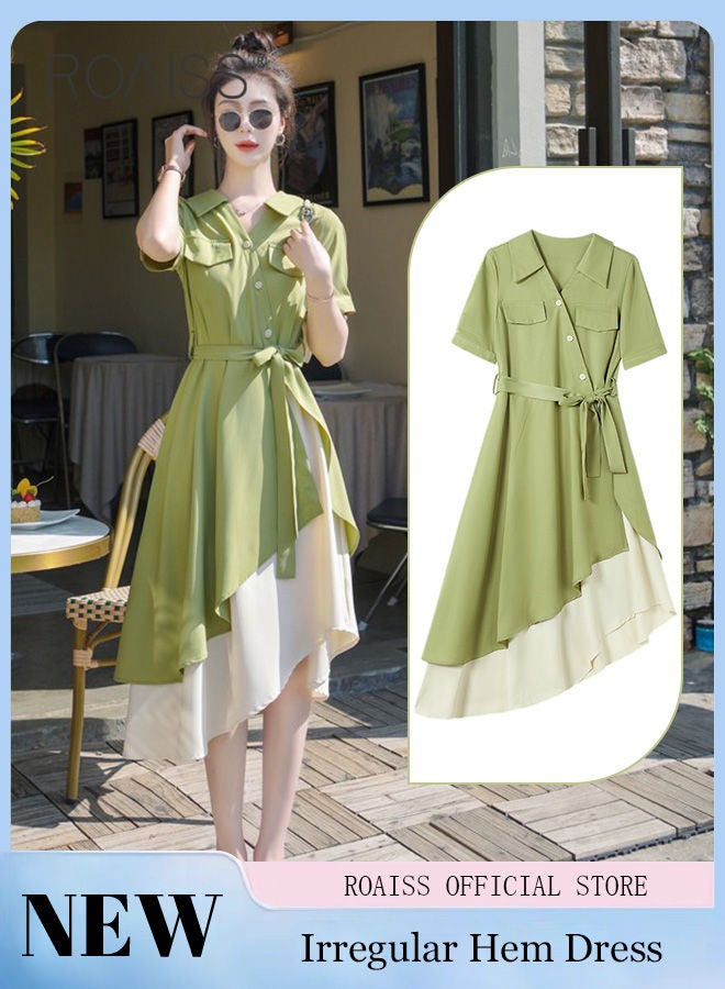 Women's Shirt Dress with Buttons, Simple Solid Half Sleeve Midi Dress, Women's Dresses Irregular Hem Solid Color Summer Dress.