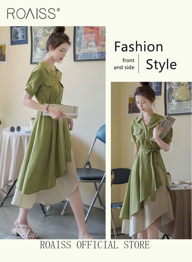 Women's Shirt Dress with Buttons, Simple Solid Half Sleeve Midi Dress, Women's Dresses Irregular Hem Solid Color Summer Dress.