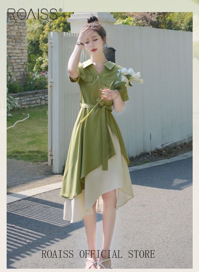 Women's Shirt Dress with Buttons, Simple Solid Half Sleeve Midi Dress, Women's Dresses Irregular Hem Solid Color Summer Dress.