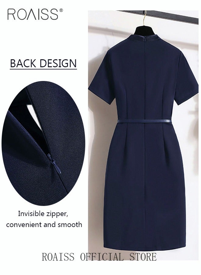 Ladies Short-Sleeve Tie-Neck Sheath Dress Women Short-Sleeve Belted Dress Invisible Zipper Women Elegant Professional Dress