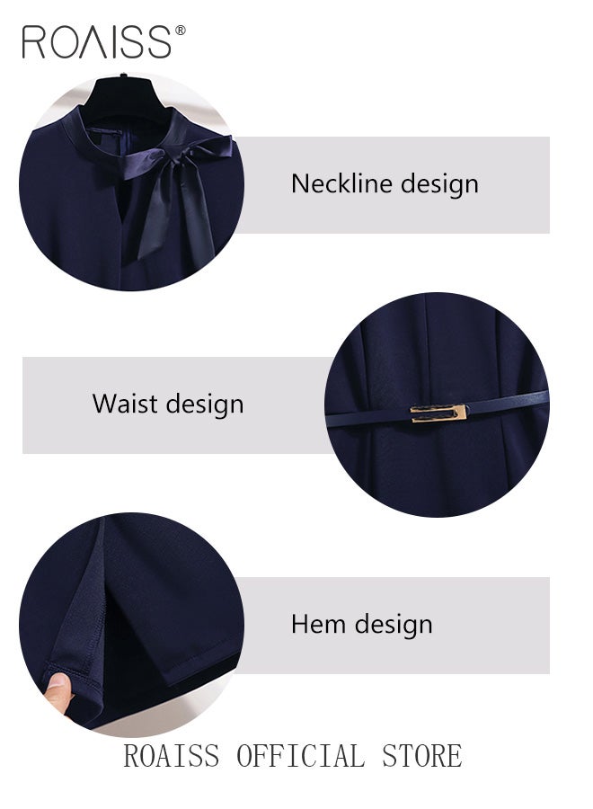 Ladies Short-Sleeve Tie-Neck Sheath Dress Women Short-Sleeve Belted Dress Invisible Zipper Women Elegant Professional Dress