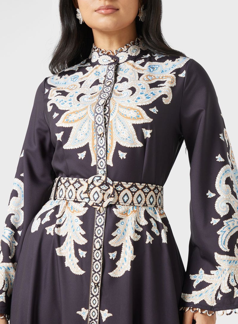 Bell Sleeve Printed Belted Dress