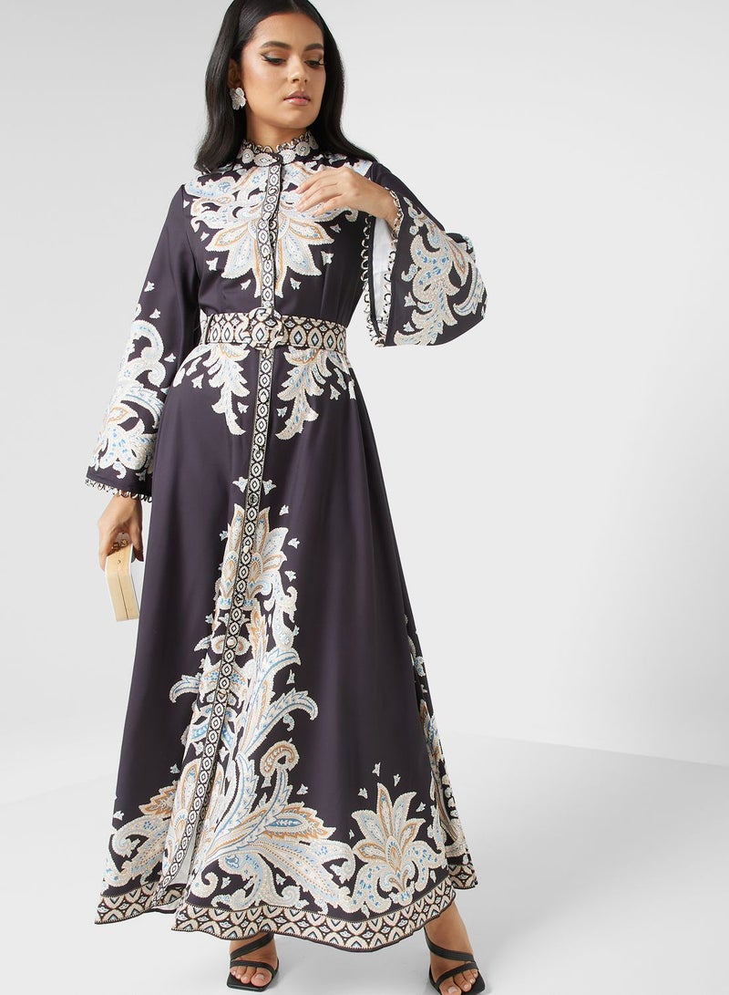 Bell Sleeve Printed Belted Dress