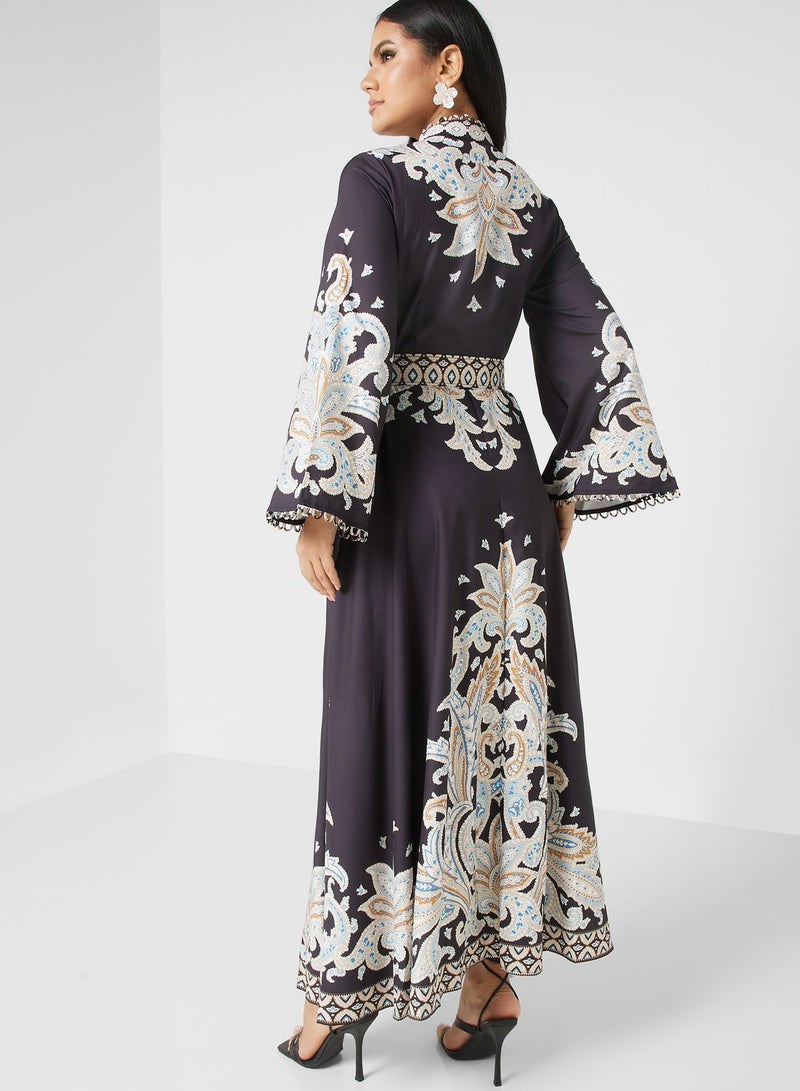 Bell Sleeve Printed Belted Dress