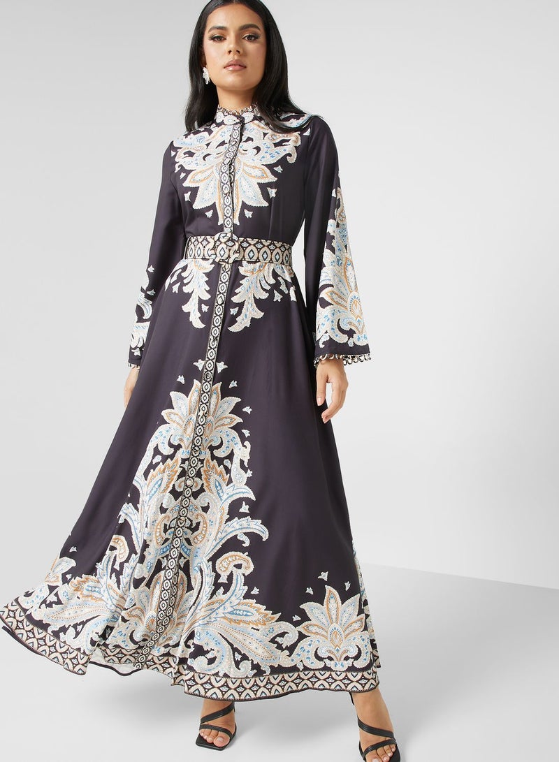 Bell Sleeve Printed Belted Dress