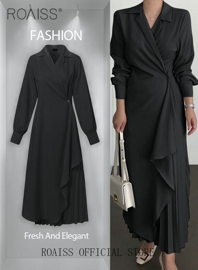 Ladies Tunic Dress Solid Color Formal Elegant Asymmetrical Pleated Design Vintage Long Suit Dress  for Women Casual Ramadan Eid al-Adha