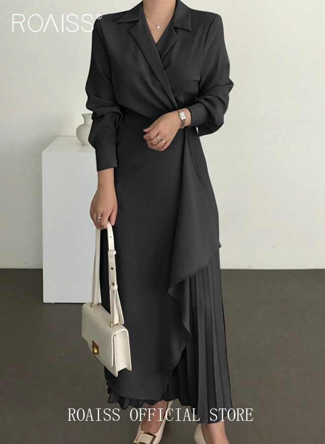 Ladies Tunic Dress Solid Color Formal Elegant Asymmetrical Pleated Design Vintage Long Suit Dress  for Women Casual Ramadan Eid al-Adha