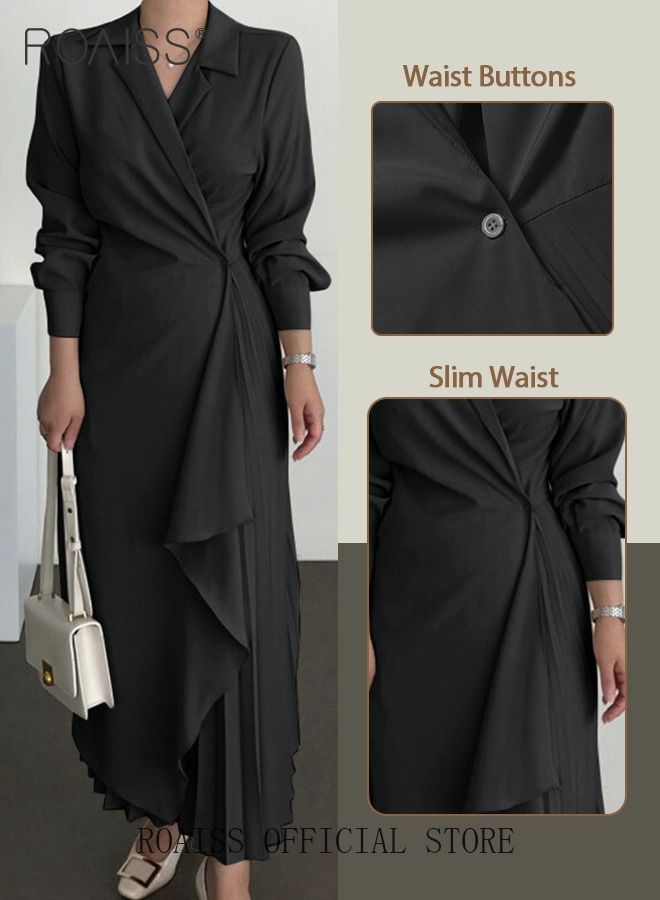 Ladies Tunic Dress Solid Color Formal Elegant Asymmetrical Pleated Design Vintage Long Suit Dress  for Women Casual Ramadan Eid al-Adha