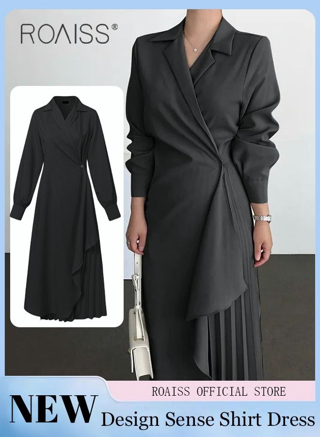 Ladies Tunic Dress Solid Color Formal Elegant Asymmetrical Pleated Design Vintage Long Suit Dress  for Women Casual Ramadan Eid al-Adha