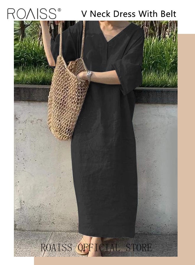 Ladies Stylish V Neckline Dress for Daily Commute Long Sleeve Cotton Linen Dress with Simple Design and Soothing Solid Color Featuring High Waist