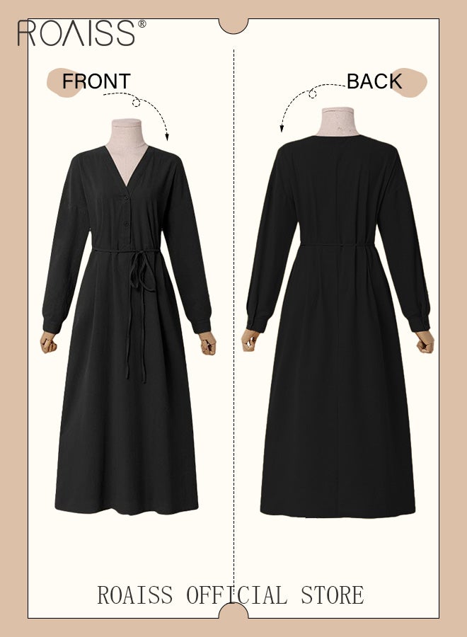 Ladies Stylish V Neckline Dress for Daily Commute Long Sleeve Cotton Linen Dress with Simple Design and Soothing Solid Color Featuring High Waist