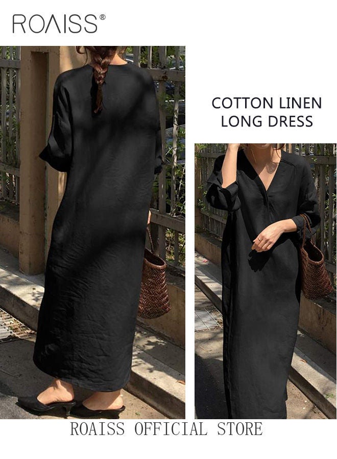 Ladies Stylish V Neckline Dress for Daily Commute Long Sleeve Cotton Linen Dress with Simple Design and Soothing Solid Color Featuring High Waist