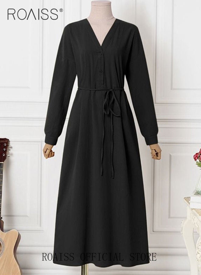 Ladies Stylish V Neckline Dress for Daily Commute Long Sleeve Cotton Linen Dress with Simple Design and Soothing Solid Color Featuring High Waist