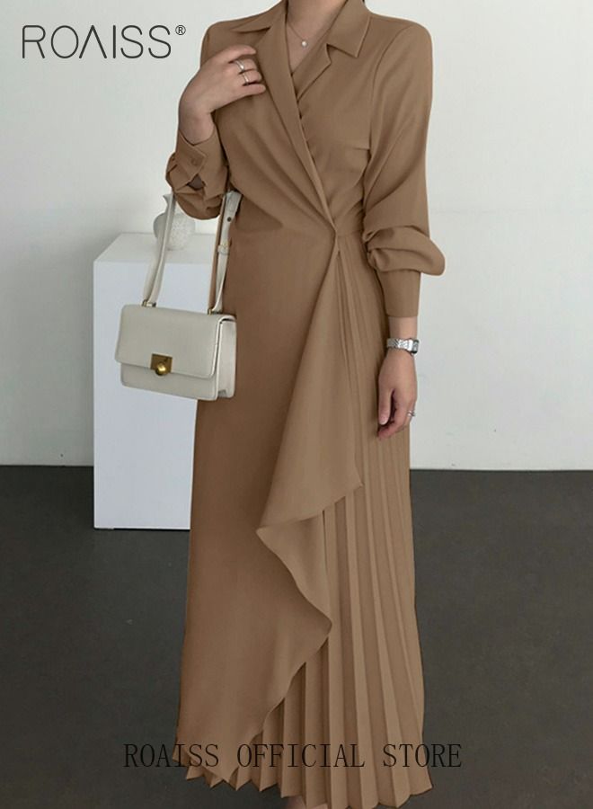 Ladies Tunic Dress Solid Color Formal Elegant Asymmetrical Pleated Design Vintage Long Suit Dress  for Women Casual Ramadan Eid al-Adha