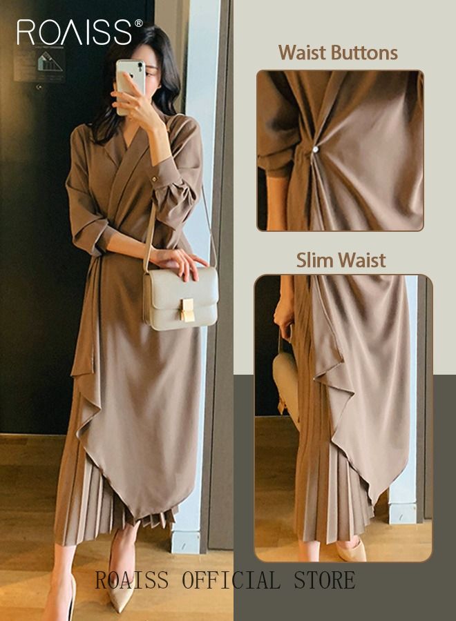 Ladies Tunic Dress Solid Color Formal Elegant Asymmetrical Pleated Design Vintage Long Suit Dress  for Women Casual Ramadan Eid al-Adha