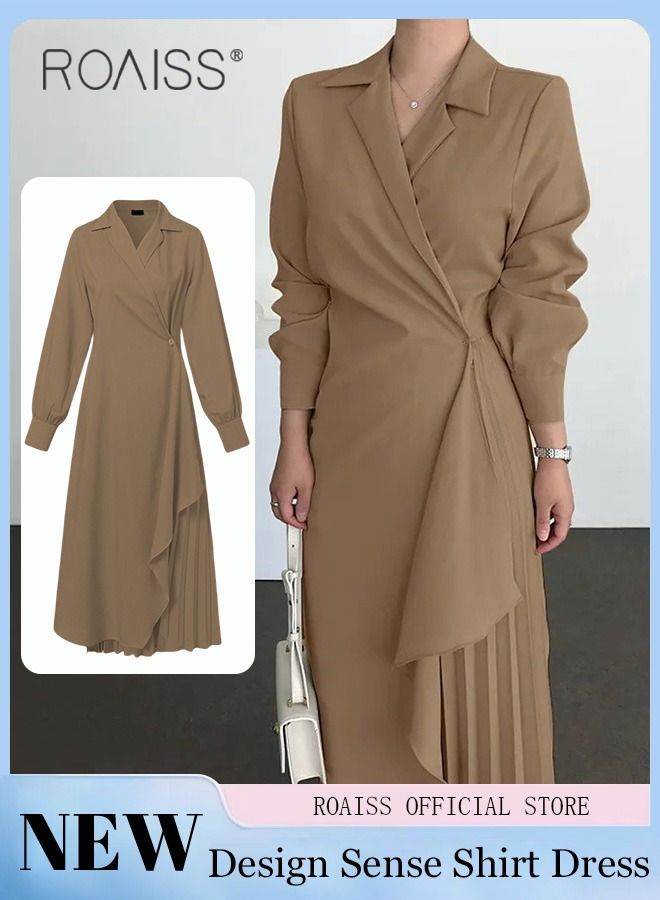 Ladies Tunic Dress Solid Color Formal Elegant Asymmetrical Pleated Design Vintage Long Suit Dress  for Women Casual Ramadan Eid al-Adha