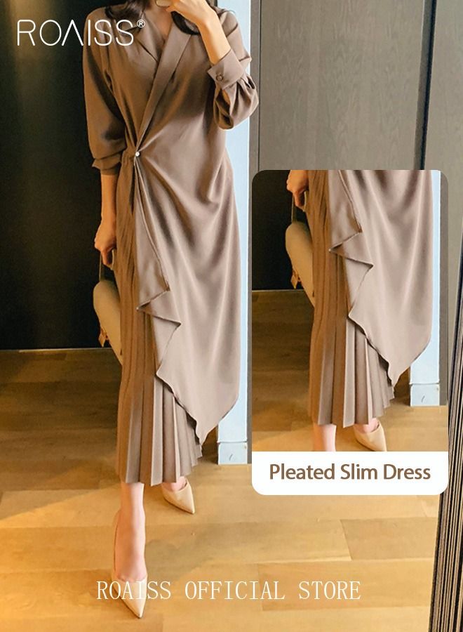 Ladies Tunic Dress Solid Color Formal Elegant Asymmetrical Pleated Design Vintage Long Suit Dress  for Women Casual Ramadan Eid al-Adha