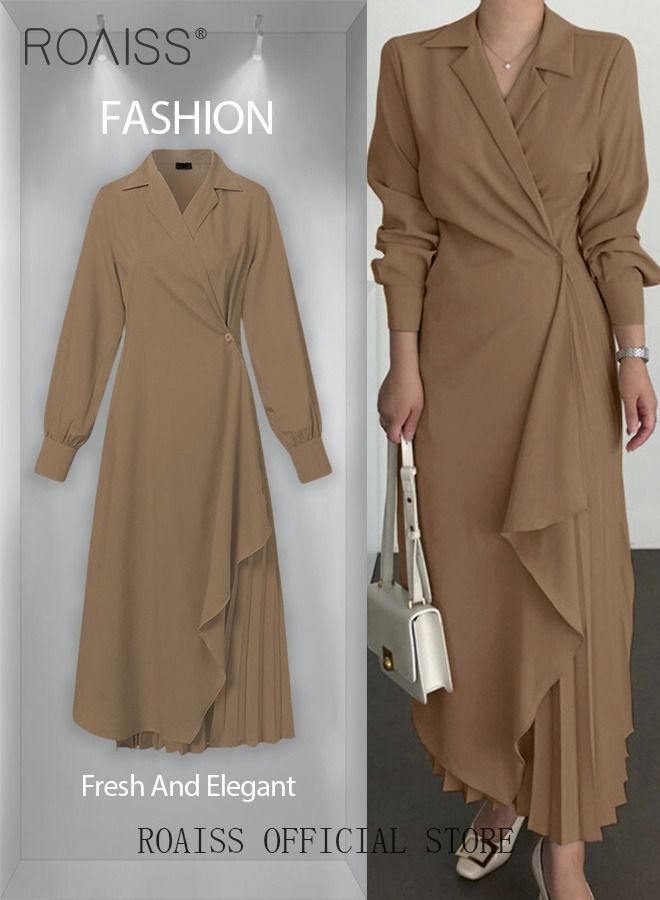 Ladies Tunic Dress Solid Color Formal Elegant Asymmetrical Pleated Design Vintage Long Suit Dress  for Women Casual Ramadan Eid al-Adha