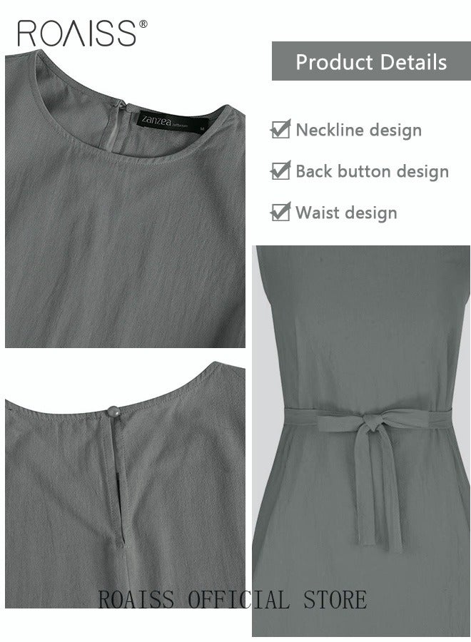 Ladies Comfortable High-Waist Dress for Daily Commute - Sleeveless Cotton Linen Dress with Simple Design and Soothing Solid Color Featuring Waist Design and Round Neckline
